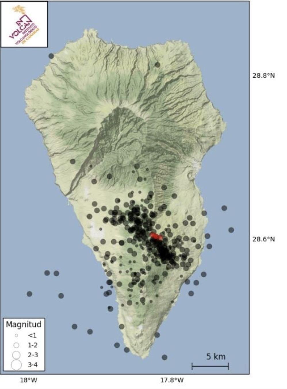En figura se muestran en color rojo los epicentros de los 4 terremotos más fuertes de este enjambre en comparación con la sismicidad localizada de los últimos 3 años (en color negro).