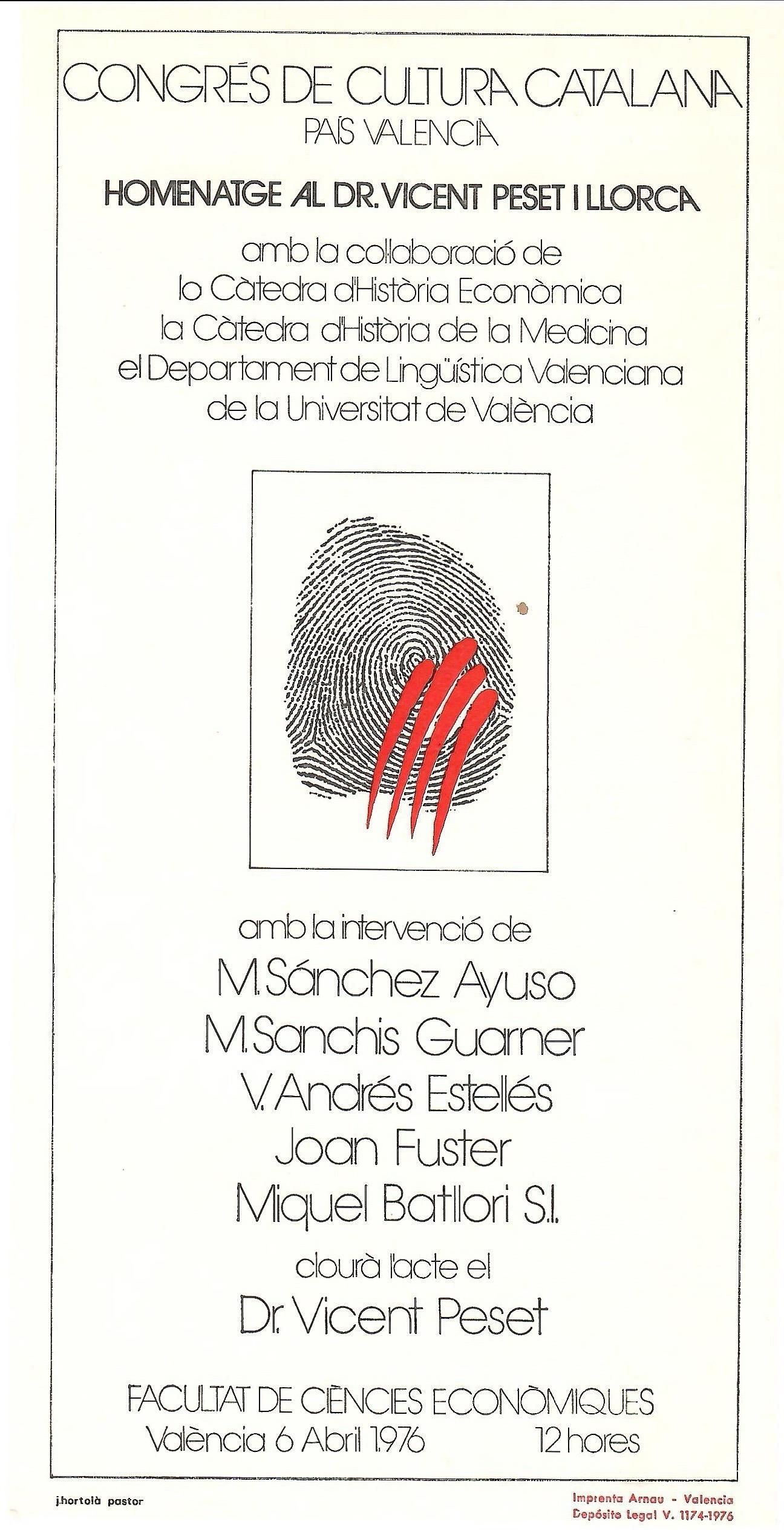 Targeta de l'homenatge a Vicent Peset.