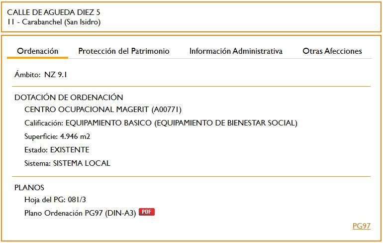 Captura de pantalla del portal urbanístico del Ayuntamiento de Madrid, donde se especifica que la dirección señalada por Madrid Salud se corresponde con la del antiguo centro ocupacional