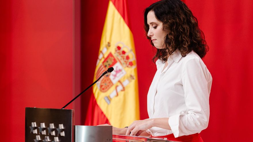La presidenta de la Comunidad de Madrid, Isabel Díaz Ayuso, comparece en la Real Casa de Correos para denunciar la ruptura de la caja común, a 14 de julio de 2025, en Madrid (España).