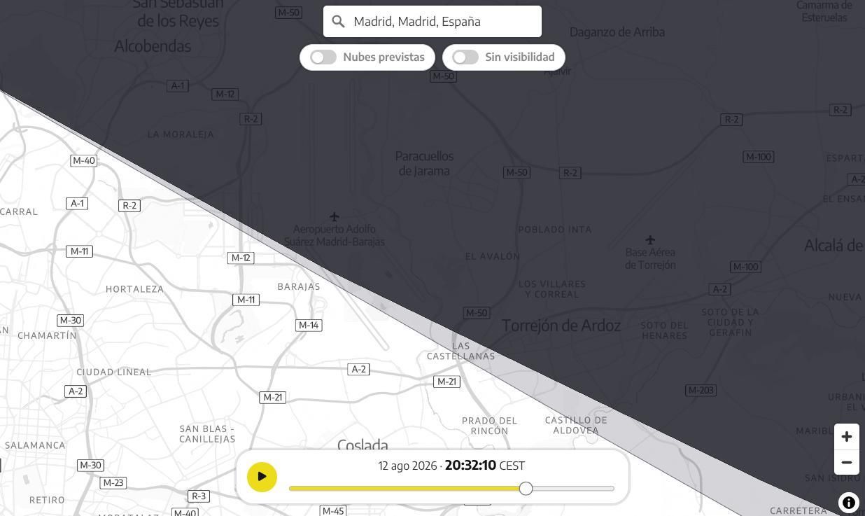 Detalle de la zona en la que se verá el eclipse con el 100% de visibilidad en la capital