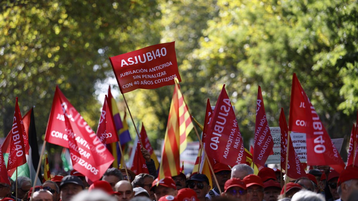 Vista de la manifestación convocada por Coordinadora estatal por la defensa del sistema público de pensiones (COESPE) en defensa de las pensiones públicas en Madrid este sábado.