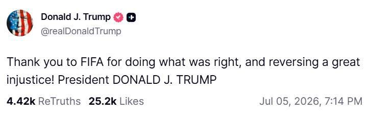 El mensaje de agradecimiento de Trump a la FIFA.