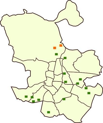 Localización de los 15 cantones previstos en 2015. En verde las localizaciones donde el partido más votado fue Más Madrid, en naranja en los que fue Ciudadanos