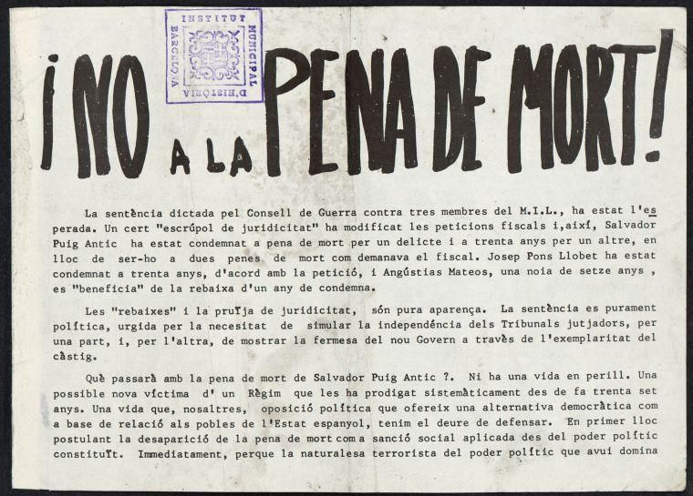 Octavilla contra la pena de muerte tras la sentencia contra Salvador Puig Antich.
