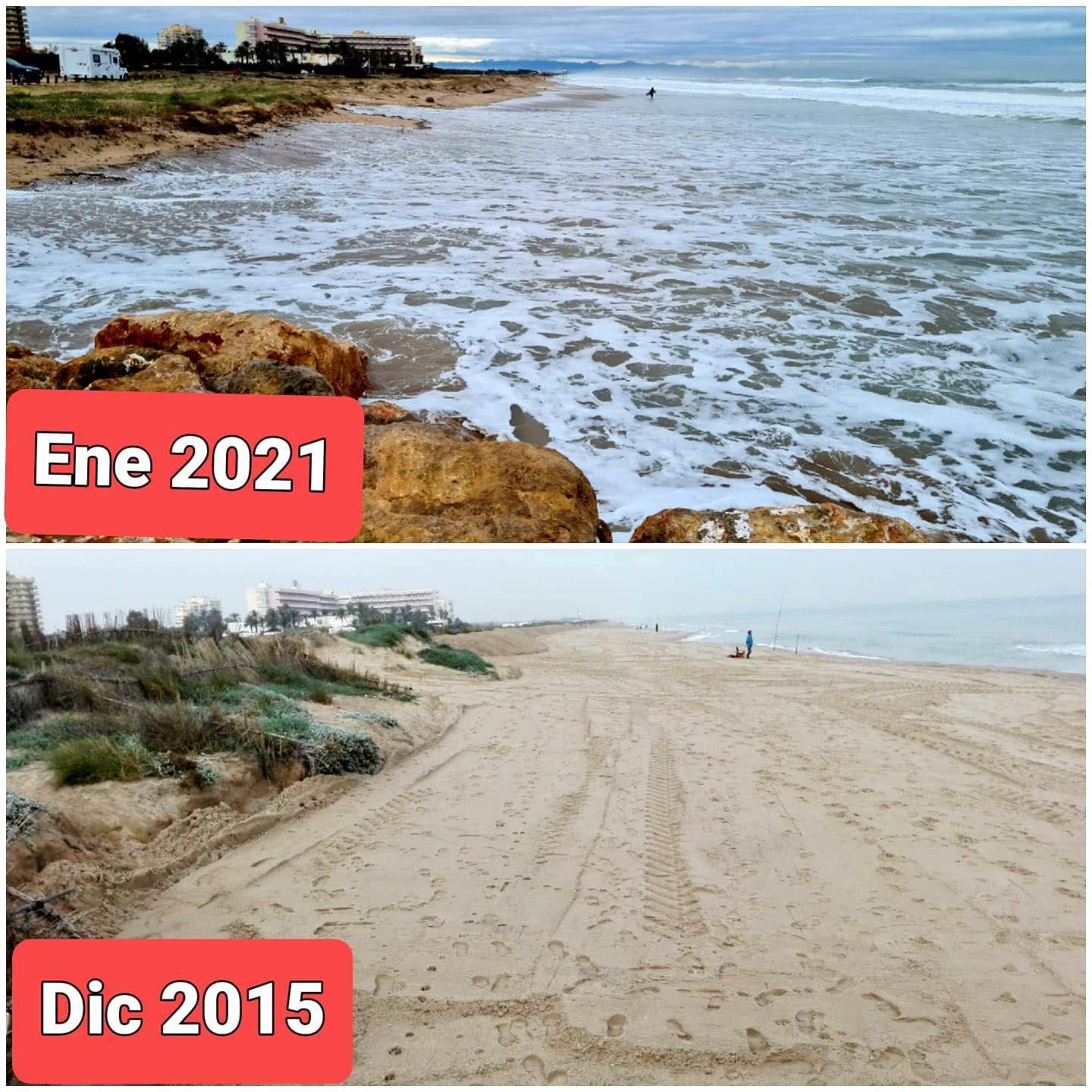 Comparativa de la situación de las playas del Sur, con el hotel Sidi al fondo, entre 2015 y 2021.