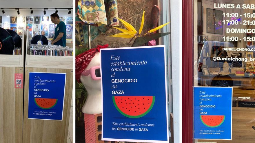 Cafeterías, tiendas y librerías del centro de Madrid se empapelan con carteles por Palestina: "Normalicemos la indignación"