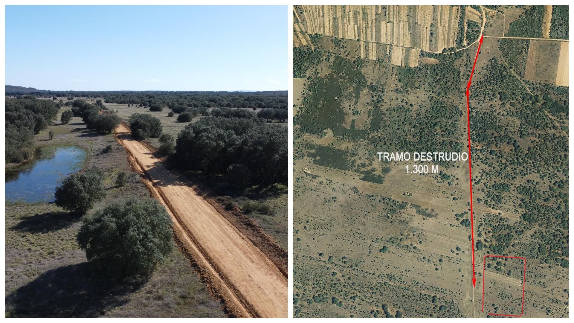 A la derecha, identificación del tramo de unos 1,3 kilómetros destrozado con las actuales obras (izquierda).