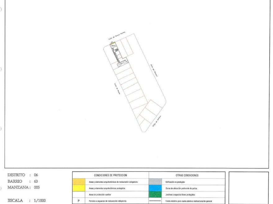La parte amarilla señaliza los elementos protegidos en la fachada (protección Ambiental) según el PGOUM 97