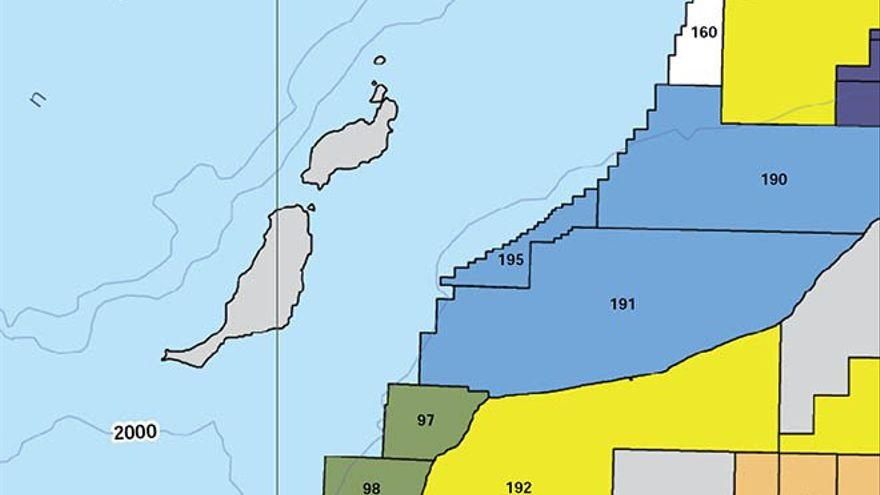 Mapa de la Oficina nacional de hidrocarburos marroquí con lás áreas de las prospecciones autorizadas. Los bloques 190, 191 y 195 son los concedidos a la petrolera ENI.
