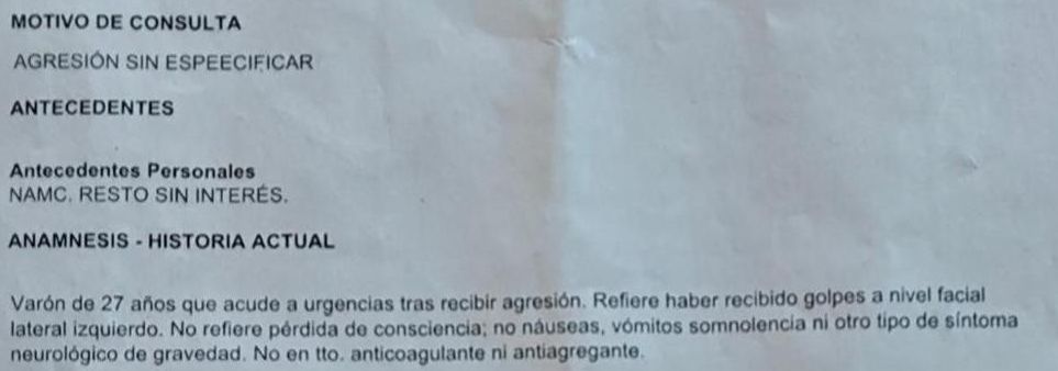 Extracto del parte de lesiones del Hospital San Pedro de Logroño tras la agresión ultra sufrida por dos jóvenes