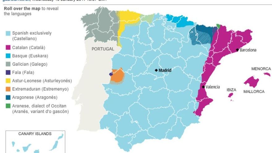 Mapa de España dividido en colores según las lenguas utilizadas. Fuente: The Guardian.