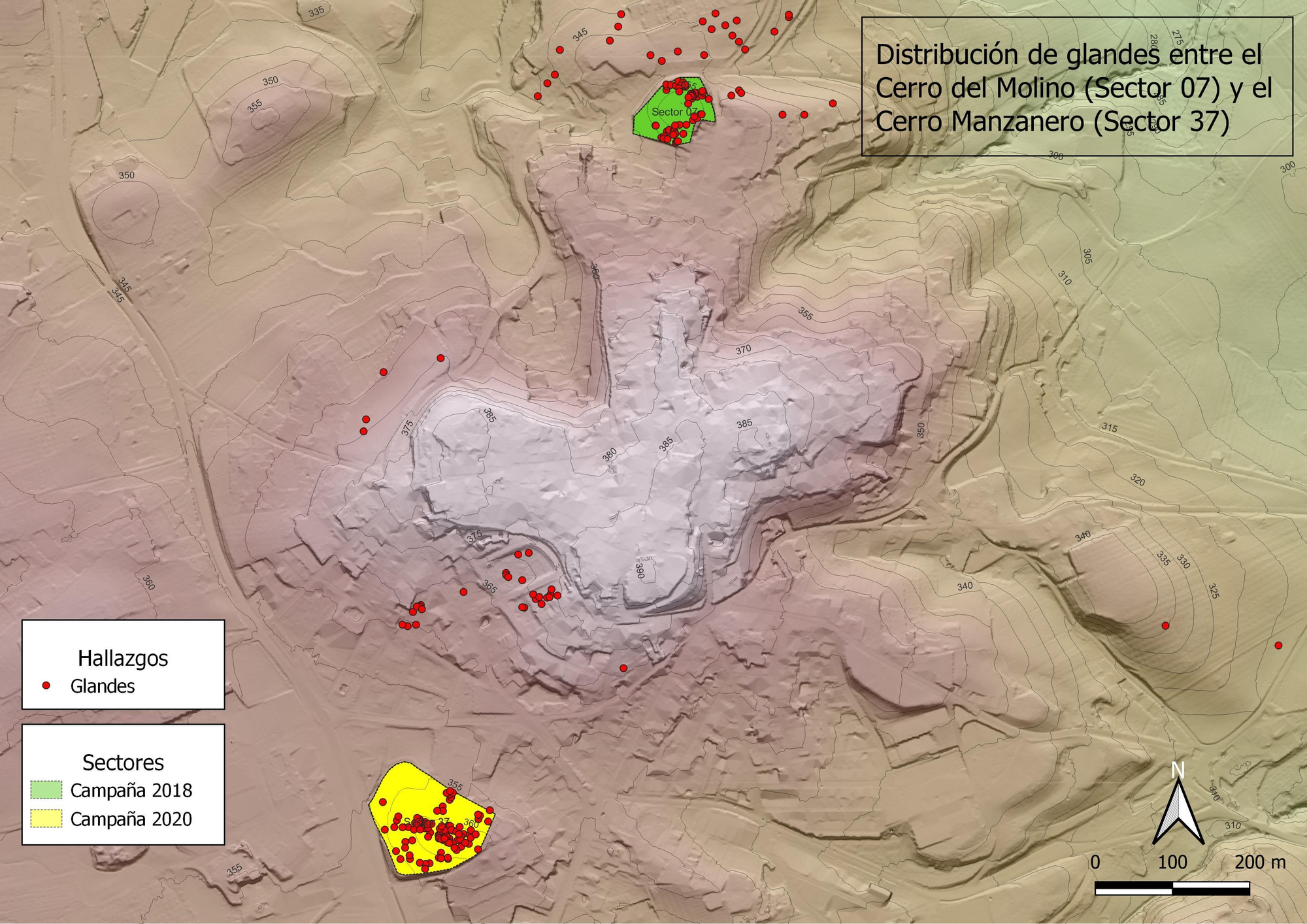Cartografía empleando LIDAR para eliminar las edificaciones y vegetaciones actuales y despejar la topografía original del oppidum ibérico y luego municipio romano de Ulia, con la ubicación de hallazgos de proyectiles de honda en plomo.
