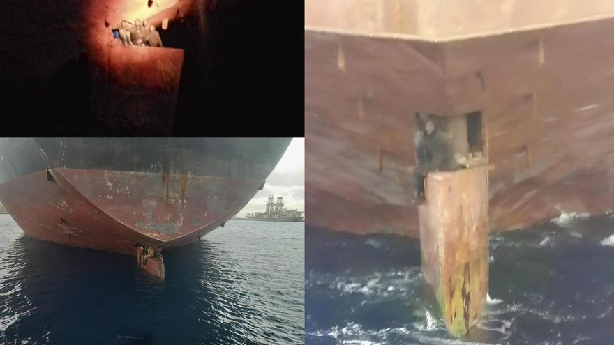 En la foto de la izquerda-arriba y la foto de la derecha, tomadas por Salvamento Marítimo en 2020, se ve a tres hombres sobre el timón del Champion Pula (uno de ellos es Henry A.). La foto de la izquierda-abajo fue tomada por Salvamento Marítimo en noviembre, se le distingue a la izquierda, con una gorra