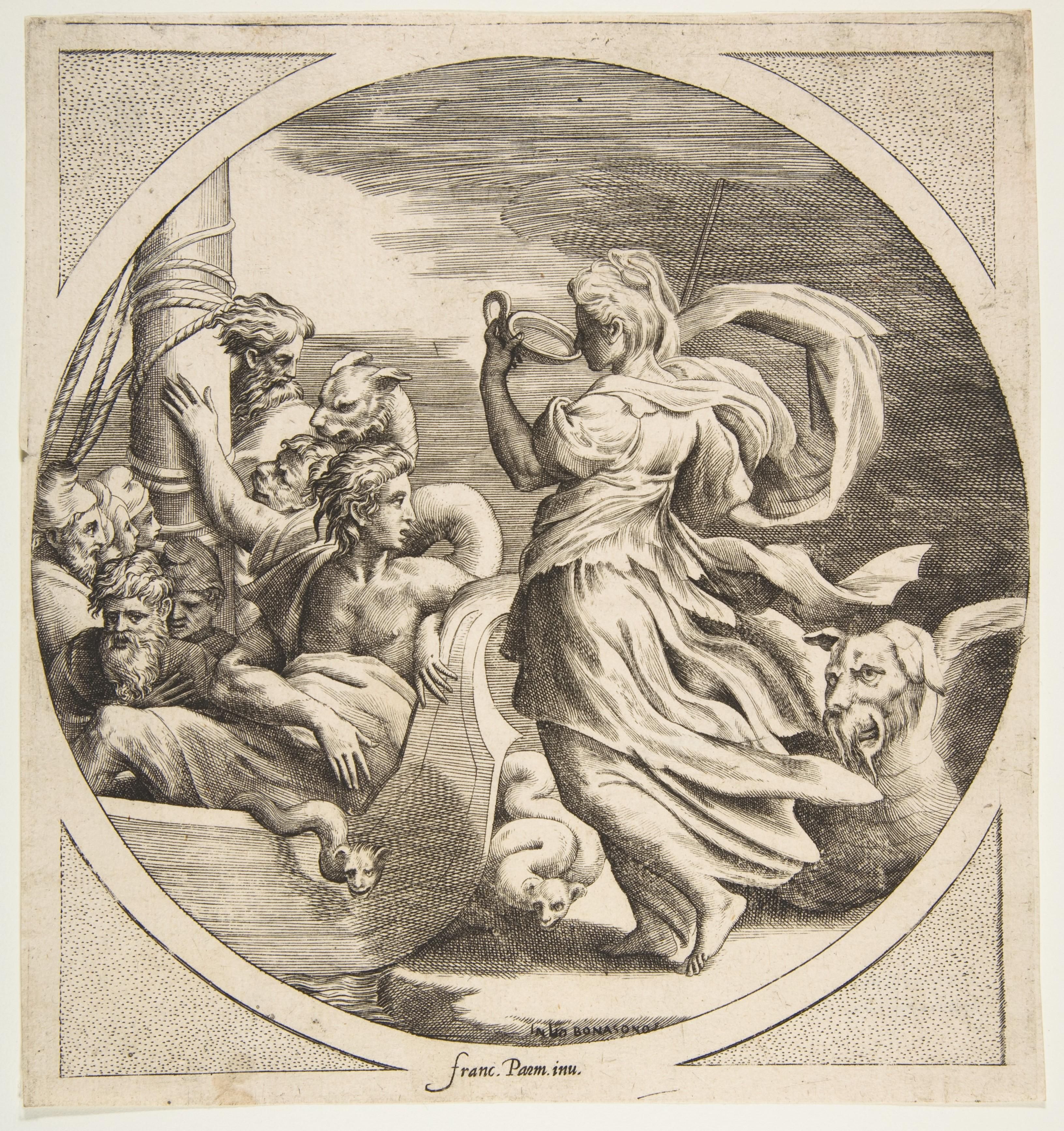 Circe bebiendo de una copa junto a los compañeros de Ulises en una barca a la izquierda