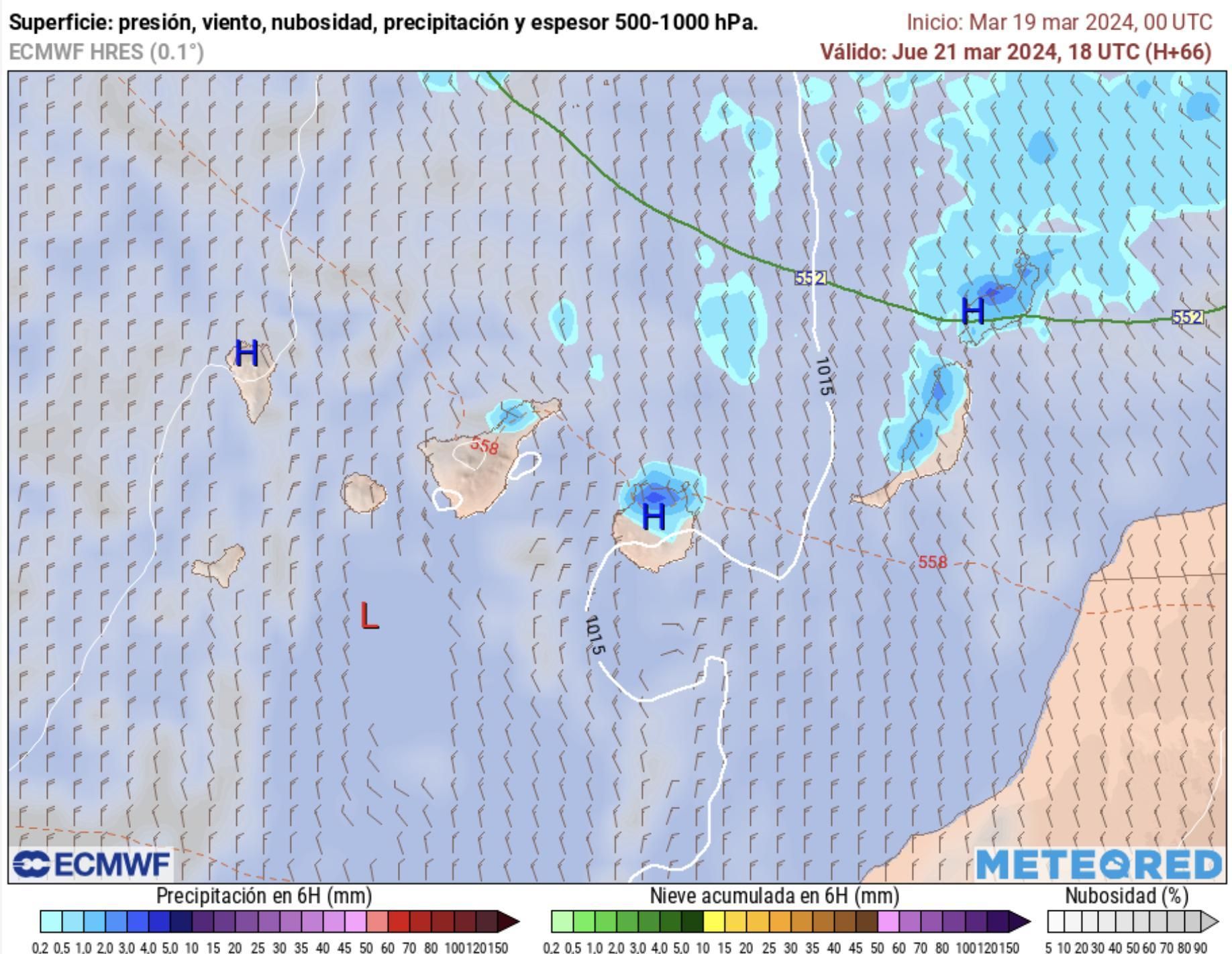 Mapa de lluvias previstas en Canarias este jueves, según el modelo europeo.