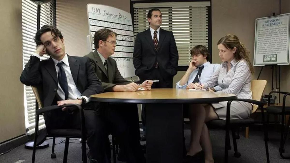 B.J.Novak, Rainn Wilson, Steve Carell, John Krasinski y Jenna Fischer en 'The Office'