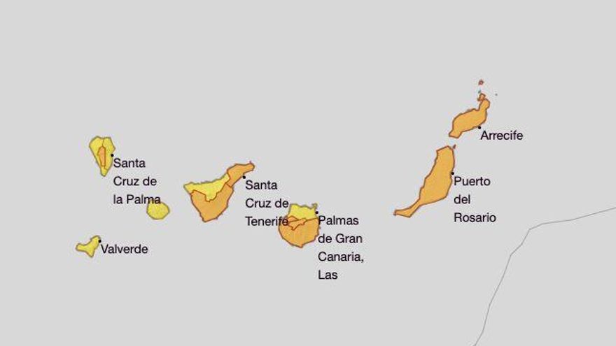 Mapa de la Aemet con las islas en aviso naranja y amarillo.
