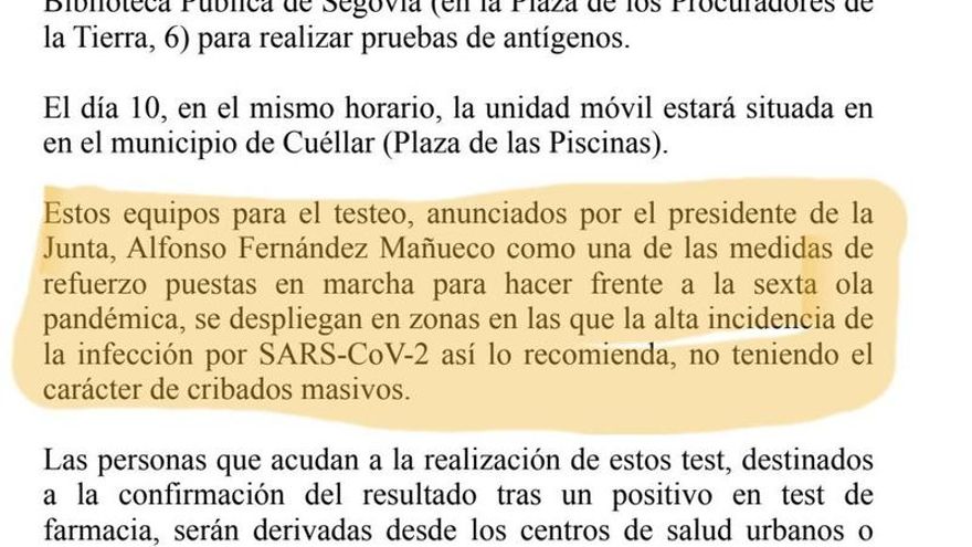 La Consejería de Sanidad vulneró la Ley electoral al citar a Mañueco en un anuncio sobre test en Segovia