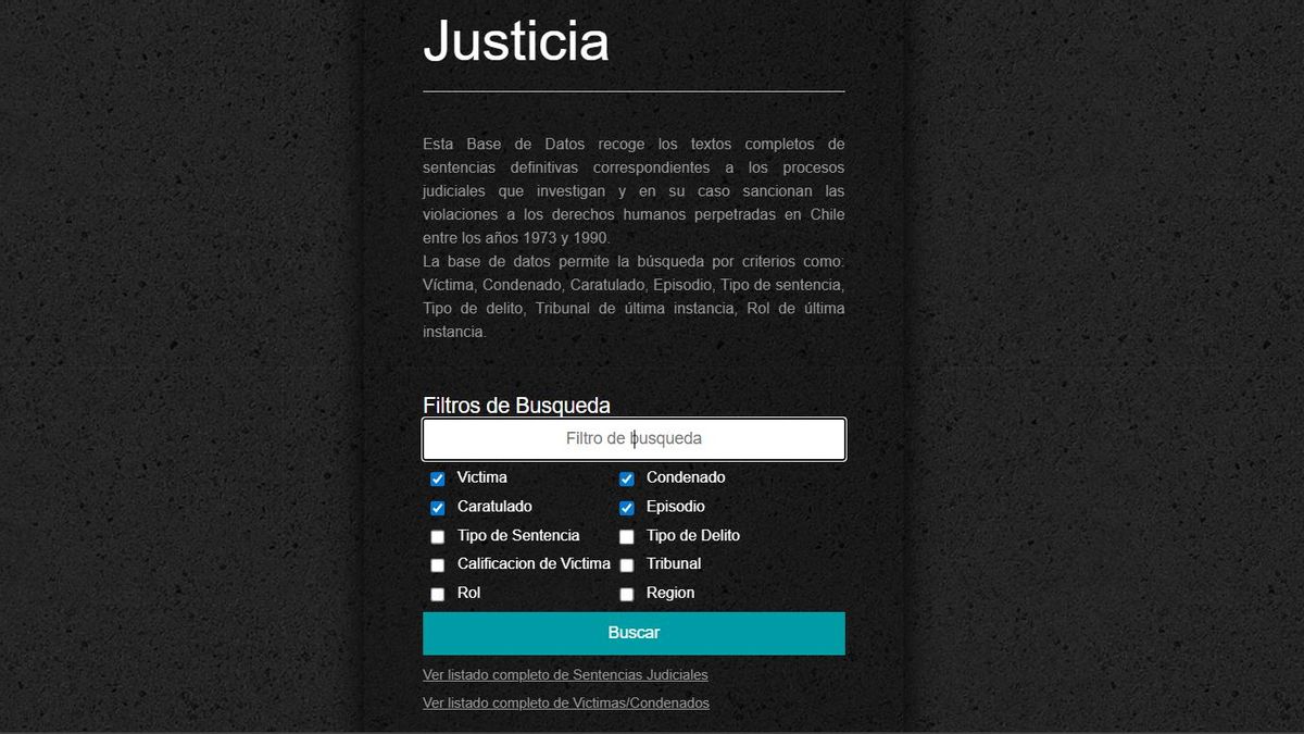 Captura de la interfaz de la base de datos de Justicia