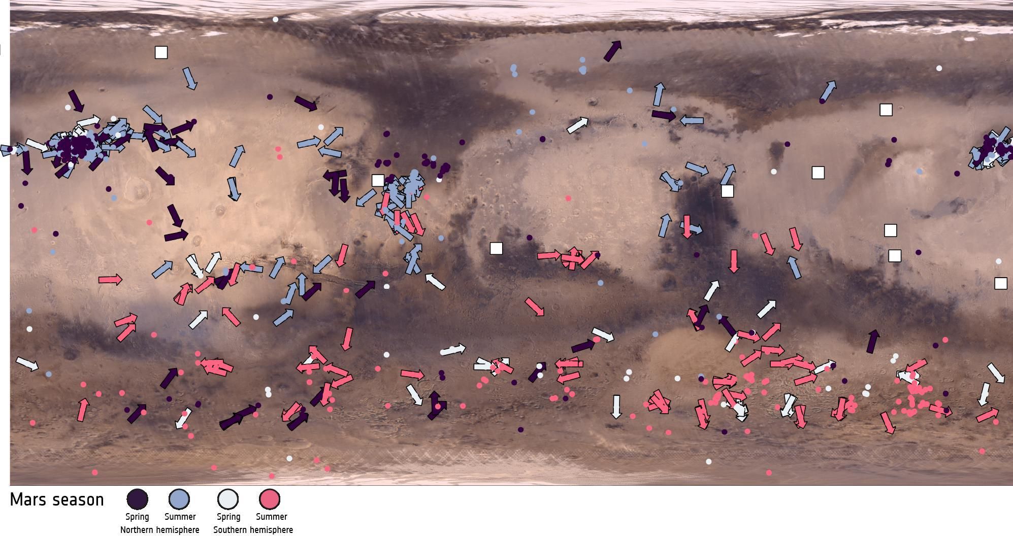 Mapa que muestra remolinos de polvo activos durante la primavera y el verano locales en los hemisferios norte y sur de Marte.