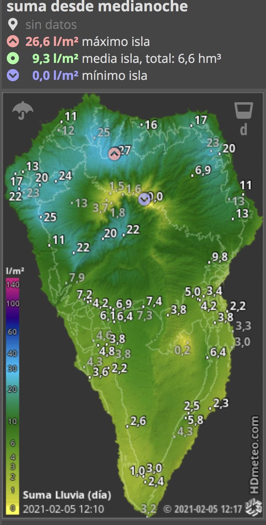 Mapa de HD Meteo La Palma de la lluvia caída, hasta las 12.10 horas de este viernes, 5 de febrero, en diversos puntos de  La Palma.