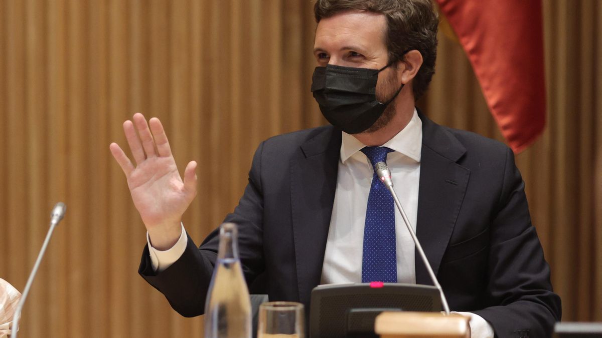 El presidente de PP, Pablo Casado, preside la reunión de la plenaria conjunta de los grupos parlamentarios del  PP en el Congreso y Senado en la Sala Ernest Lluch del Congreso de los Diputados, a 21 de junio de 2021, en Madrid (España)