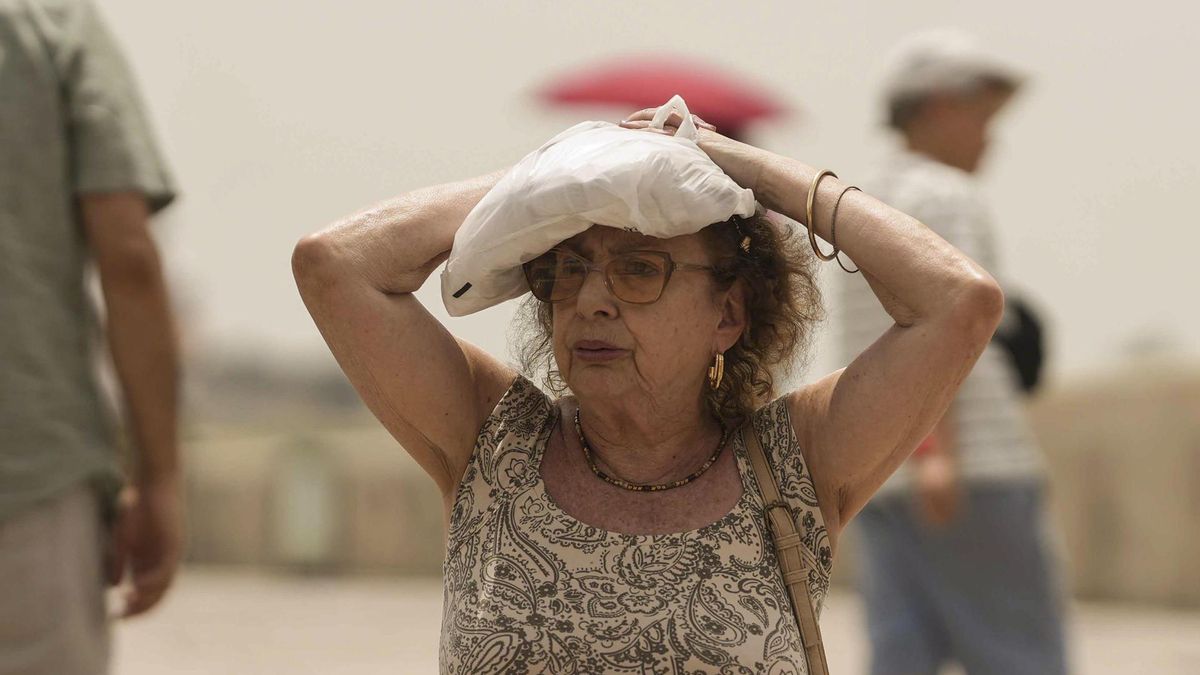 Un turista se protege del sol mientras cruza el Puente Romano de Córdoba, este martes.