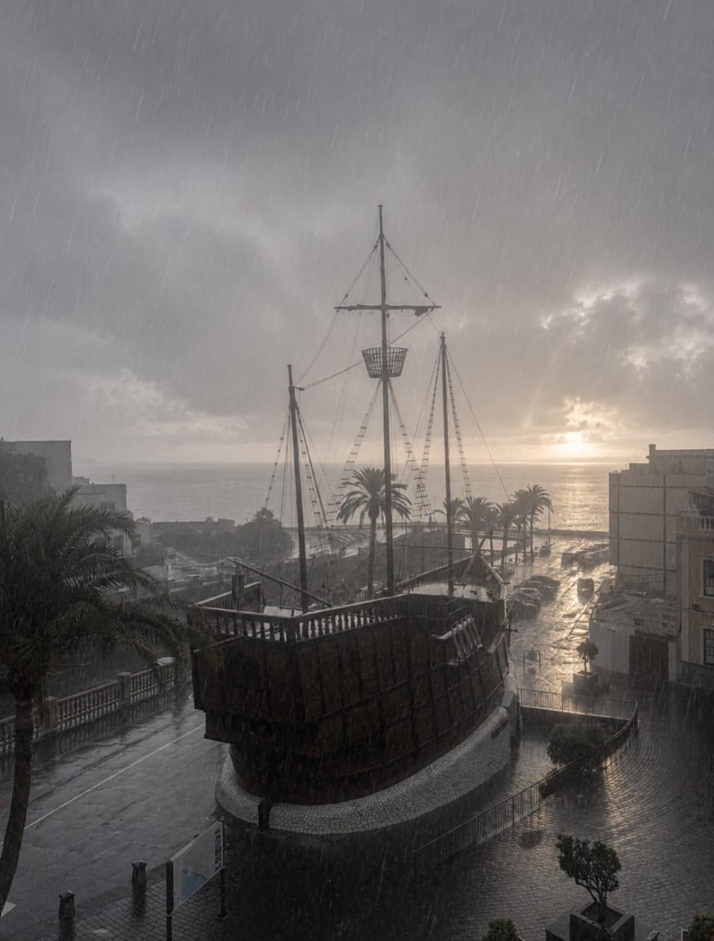 La lluvia, este sábado, a primera hora de la mañana, en en el entorno de la plaza de La Alameda, en Santa Cruz de La Palma.