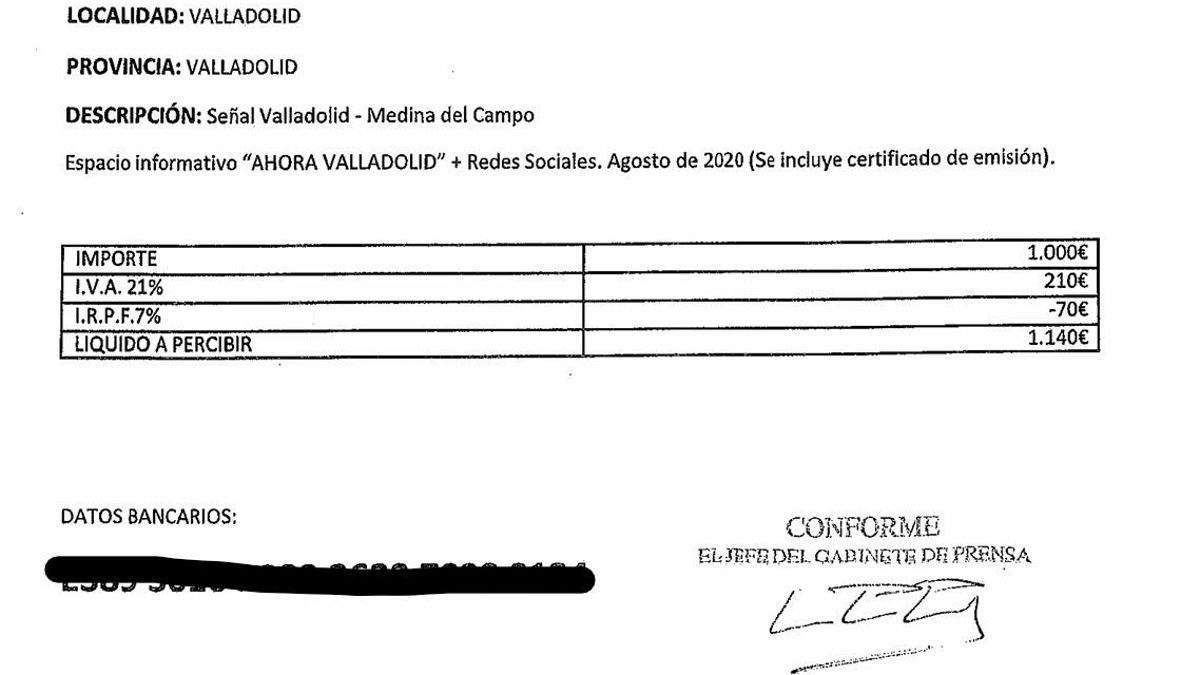 Una de las facturas que validó el jefe de prensa de la Diputación de Valladolid.