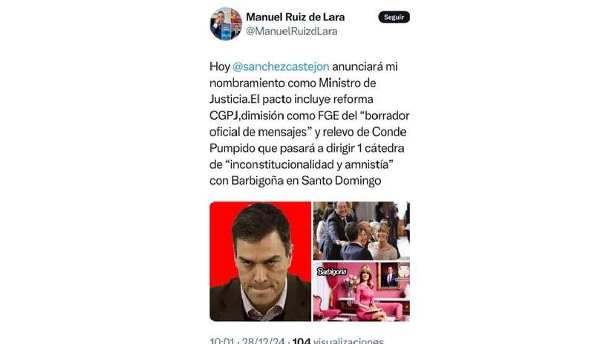 Captura de pantalla del tweet que publicó el magistrado Manuel Ruiz de Lara este sábado, y que después borró