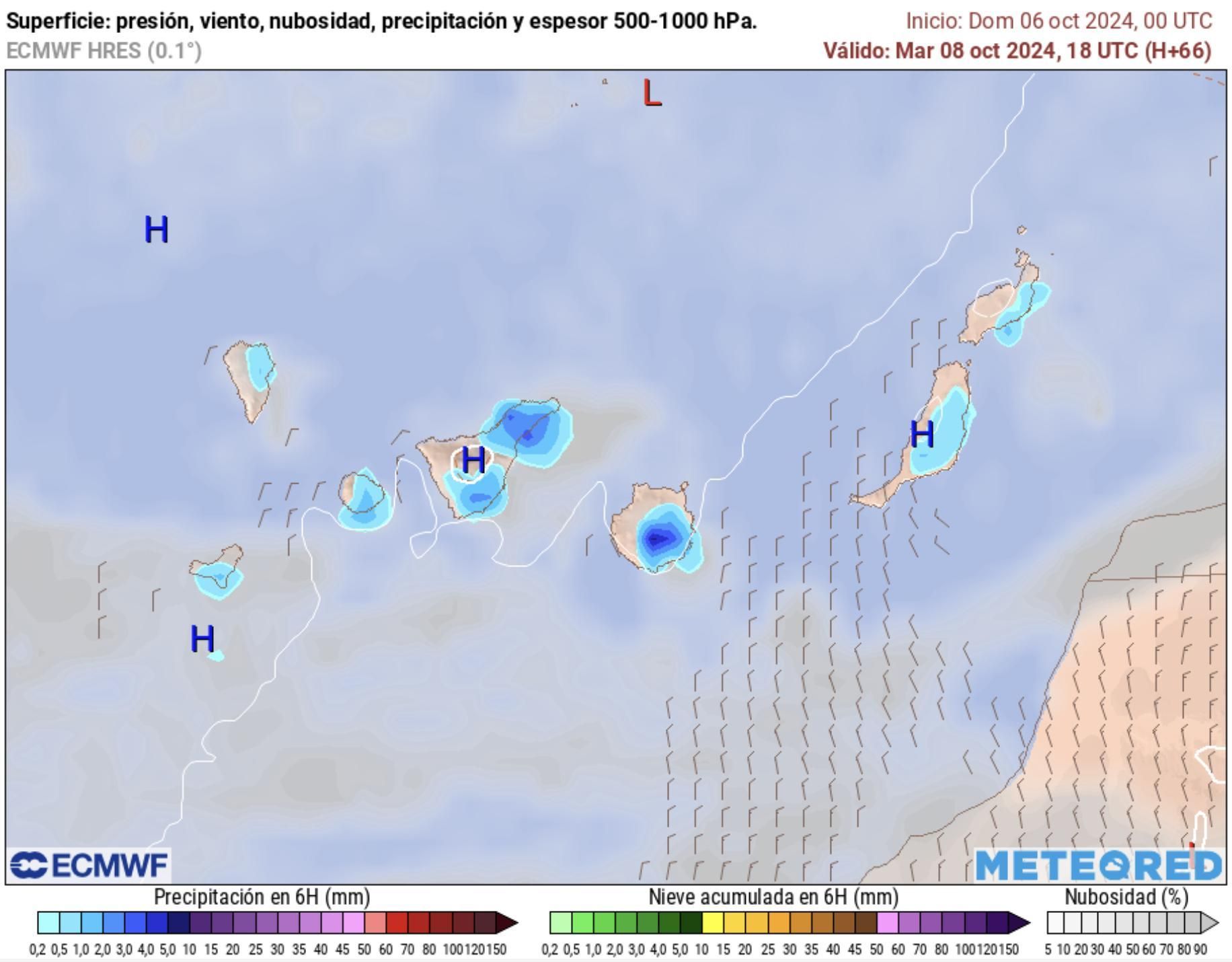 Mapa de lluvias previstas en Canarias para el martes, 8 de octubre.