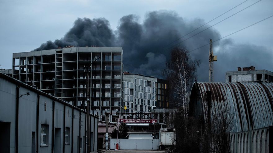 Smoke rises outside Lviv after a Russian airstrike, in Lviv, western Ukraine, 26 March 2022.