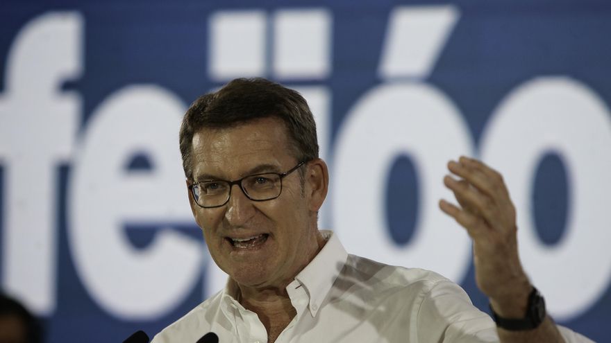 El candidato del PP a las elecciones generales, Alberto Núñez Feijóo durante un mitin celebrado este domingo en Guadalajara. EFE/ Pepe Zamora