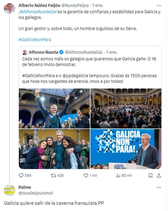 Captura del PP con la respuesta de Palme a Alberto Núñez Feijóo