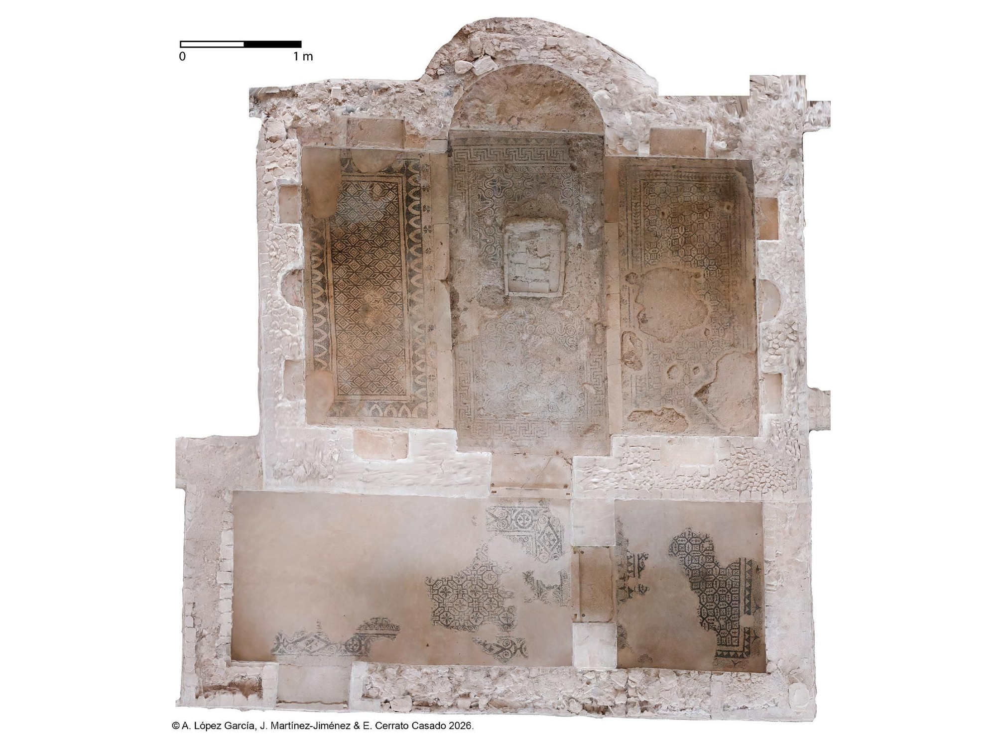 Modelo fotogramétrico de la biblioteca de Fuente Álamo (Puente Genil) en donde pueden apreciarse el ábside, los nichos rectangulares y semicirculares, así como las antesalas contiguas. (Autor: Antonio López García)