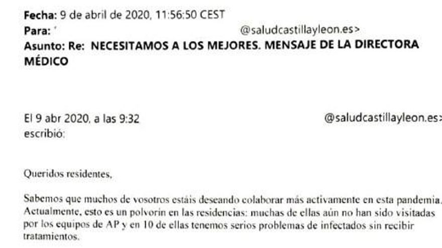 Email en el que se informa de que hay residencias de ancianos con enfermos de COVID-19 sin tratamiento