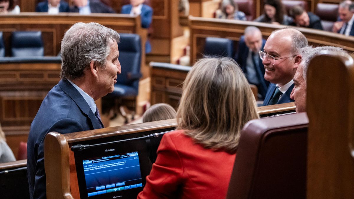 El líder del PP, Alberto Núñez Feijóo, y el secretario general del PP, Miguel Tellado, este jueves en el Congreso.