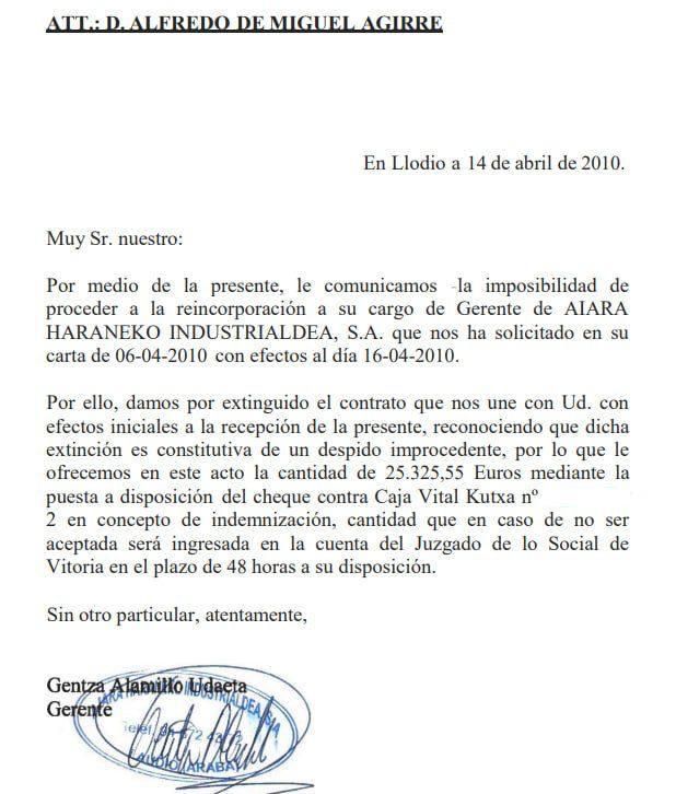 Carta de Alamillo a De Miguel