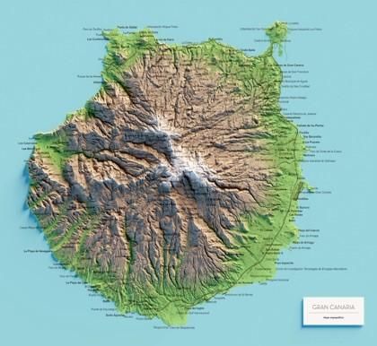Imagen en relieve de la isla donde se aprecia la cuenca de Tejeda.