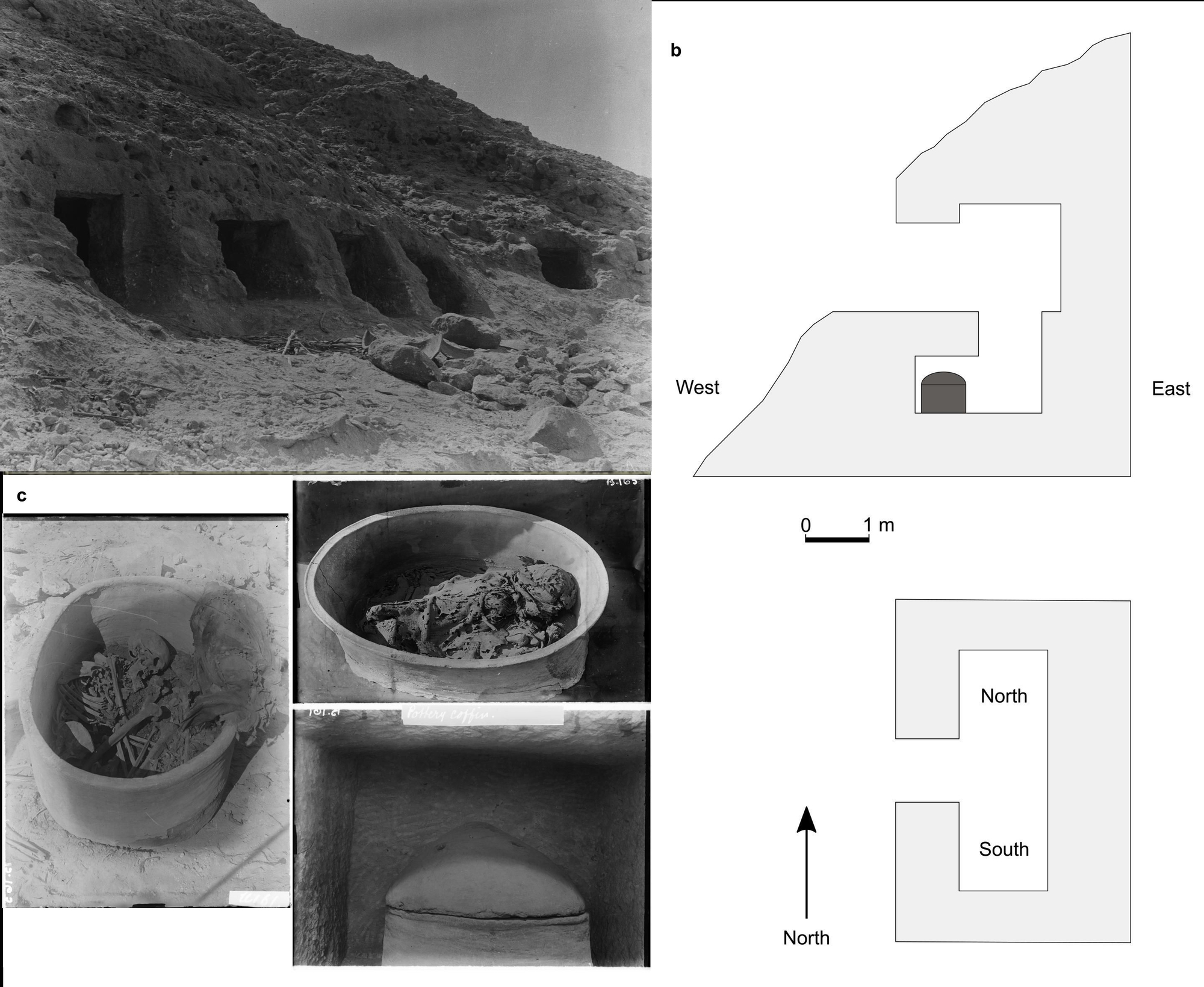 Tumbas excavadas en la roca de Nuwayrat y vasijas con los restos.