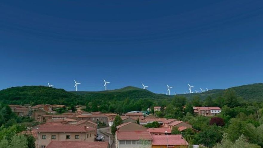 Simulación de cómo se verían los molinos del macroparque Abano desde el pueblo de La Valcueva. // Plataforma por el futuro de la Montaña Central Leonesa