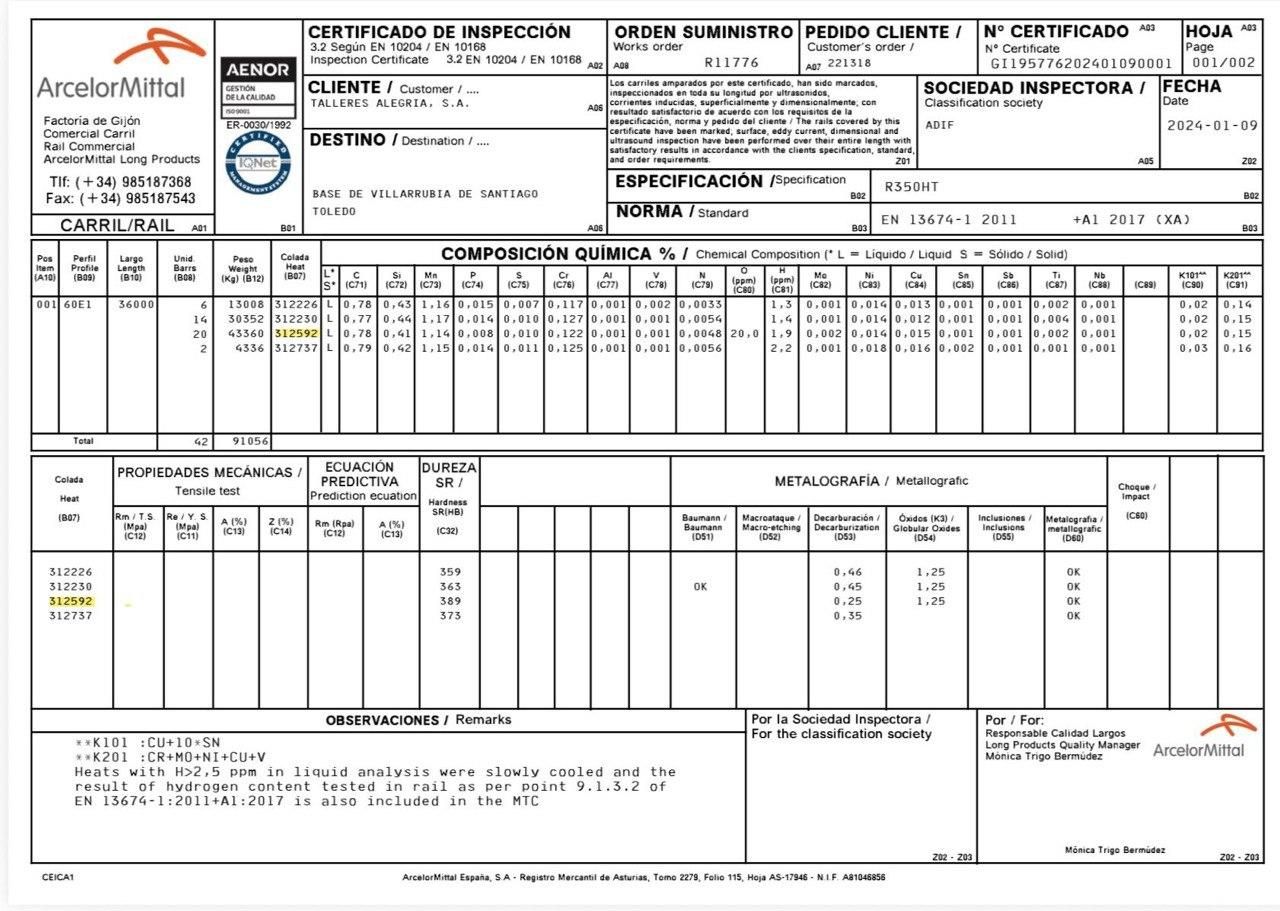 La hoja de pedido del carril que provocó el descarrilamiento, según el ministro.