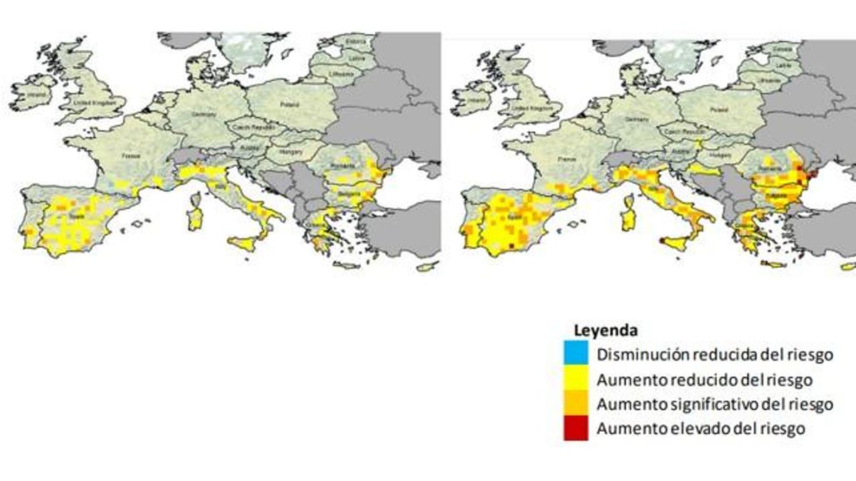 Cambio previsto del riesgo de desertificación y el índice de aridez en 2071-2100. Cambio previsto de desertificación en un escenario de 2,4ºC (RCP 4,5 izquierda) y en un escenario de 4,3 ºC (RCP 8,5-derecha) en 2071-2100 en comparación con 1981-2100. (Fuente
Spioni, J. Barbosa, Dosio A., McCormick N., Vogt I., 'Is Europe at risk of desertification due to climate change?', Geophysical Research Abstract Vol. 20, 2018, EGU2018-9557, 2018 General Assembly).