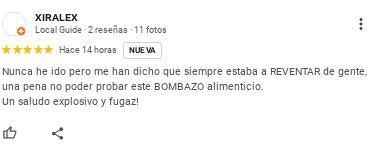 Comentario de supuesto humor negro en las reseñas del bar-restaurante Mis Tesoros.