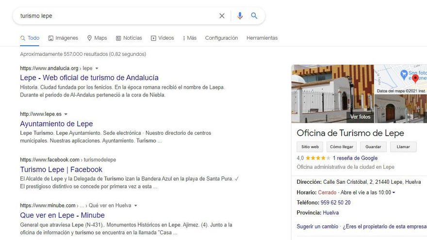 Búsqueda en Google de "turismo" y "lepe"