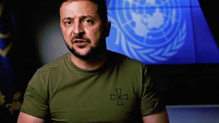 El presidente de Ucrania, Volodímir Zelenski, pronuncia su discurso en video ante la Asamblea General de las Naciones Unidas el pasado 21 de septiembre. EFE/EPA/Peter Foley