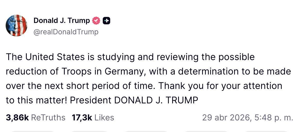 Truth Social de Trump sobre Alemania.