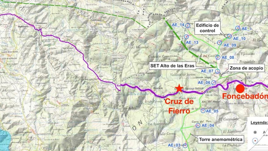 Mapa de ubicación del parque eólico entre la Cruz de Fierro y Foncebadón.