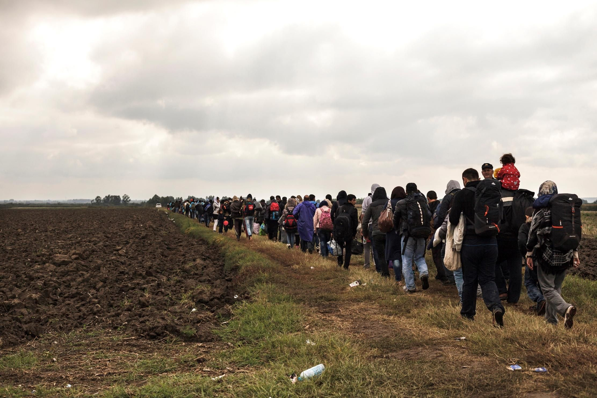 Refugiados y migrantes caminan hacia la estación de tren de Tovarnik, Croacia, donde esperan subir a un autobús que les lleve a Austria. Según los datos recogidos por MSF a mediados de mes, un promedio de 5.000 personas cruzaban por la zona cada día. Fotografía: Achilleas Zavallis